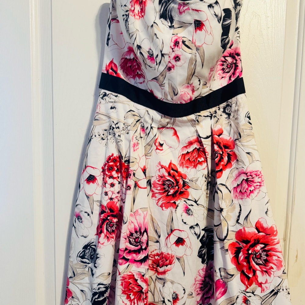 Strapless Floral Fit-and-Flare Dress in Pink and Red